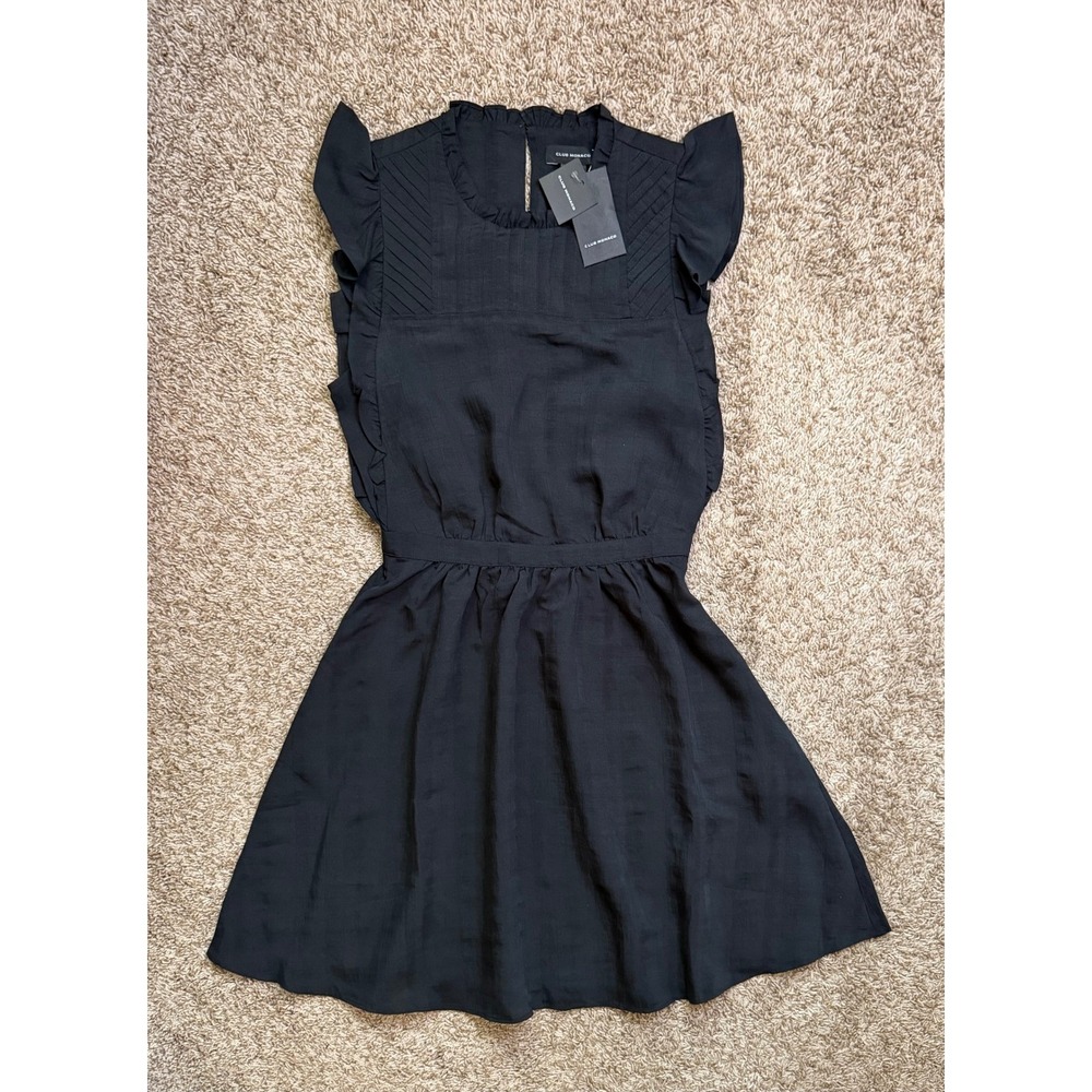 NWT Club Monaco Black Ruffle Sleeve Pintuck Pleated Mini Dress Size 0